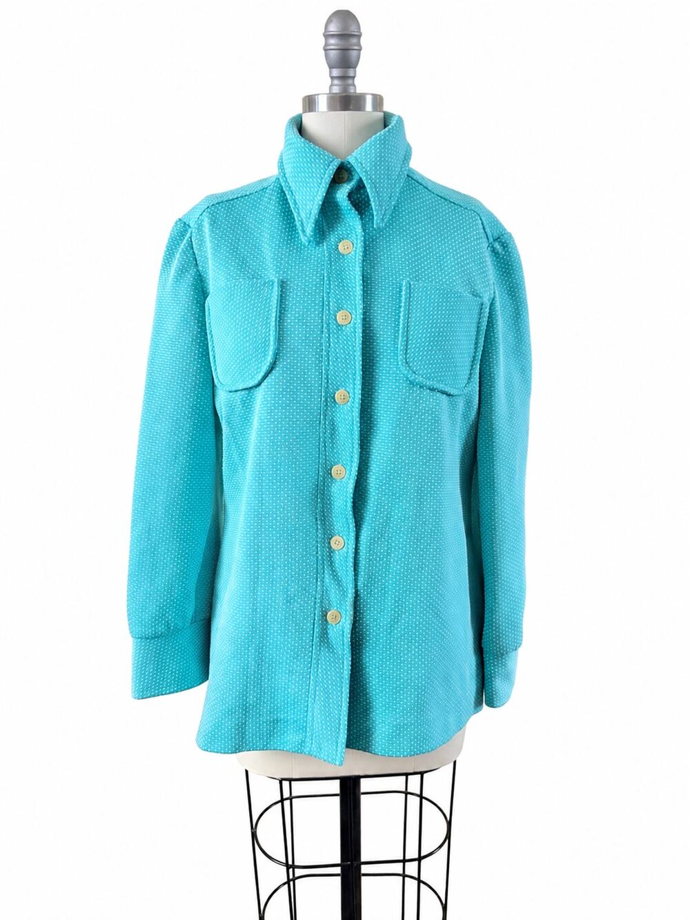 70s VTG Bodin Knits Blouse L Turquoise White Dot Dagger Collar Mod Disco
